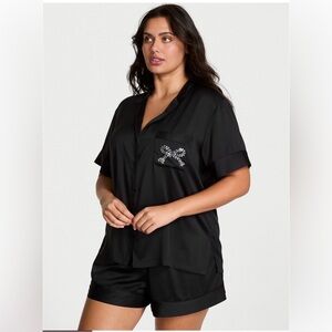 Victoria's Secret Black Satin Diamond Bow Short Pajama Set medium new with tags